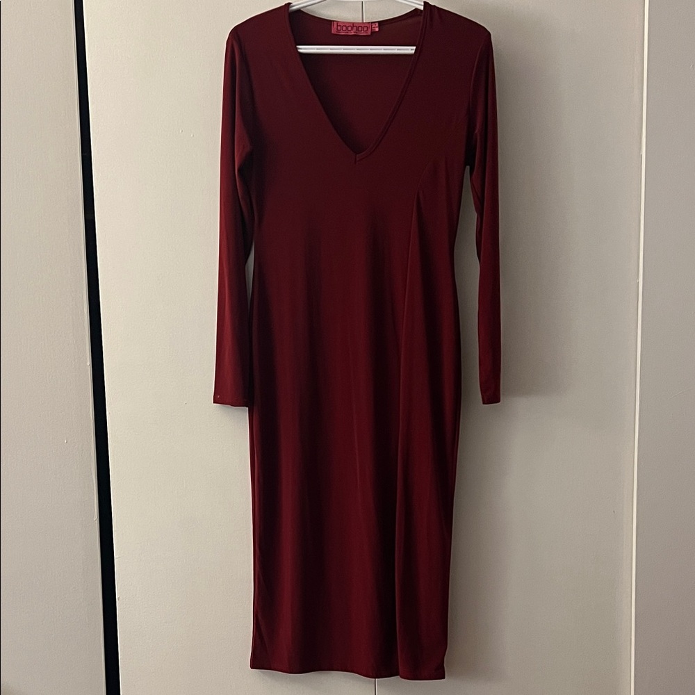 Boohoo Burgundy Long Sleeve Dress